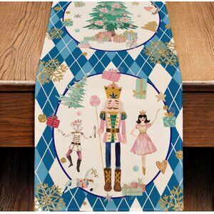 Nutcracker Table Runner Christmas Decor Holiday Xmas Decoration Blue Cloth 13x72